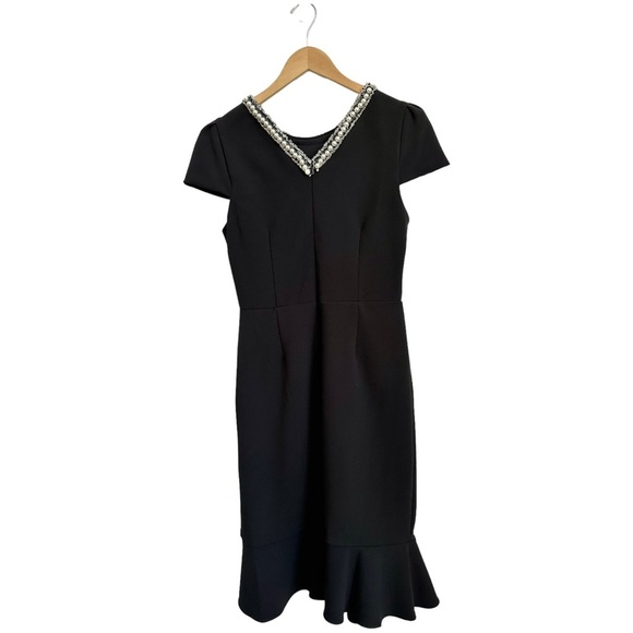 Betsey Johnson Black Dress Pearl Fringe Collar Black Cap Sleeve Ruffle Hem Sz 8 - Picture 12 of 16